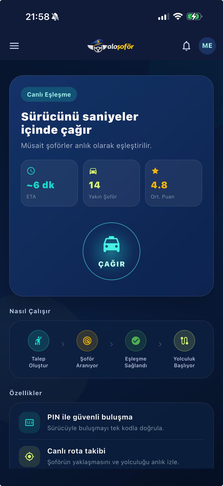 Aloşoför mobil uygulaması — canlı eşleşme ve şoför yönlendirme ekranı